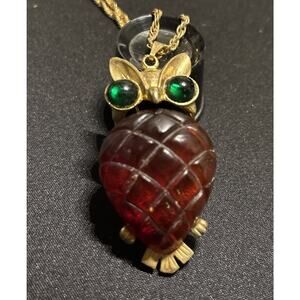 Coro Carved Faux Amber Jelly Belly Owl Vintage Pin Brooch Pendant With Necklace